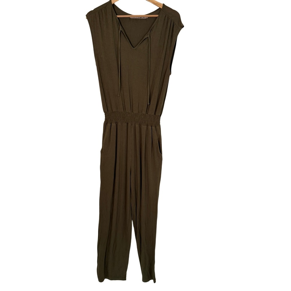 Michael Stars Jumpsuit Womens S Olive Green Excellent V-Neck Smocked T2365